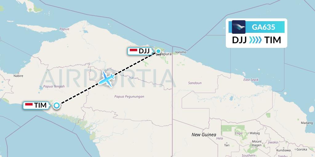 GA635 Garuda Indonesia Flight Map: Jayapura to Timika