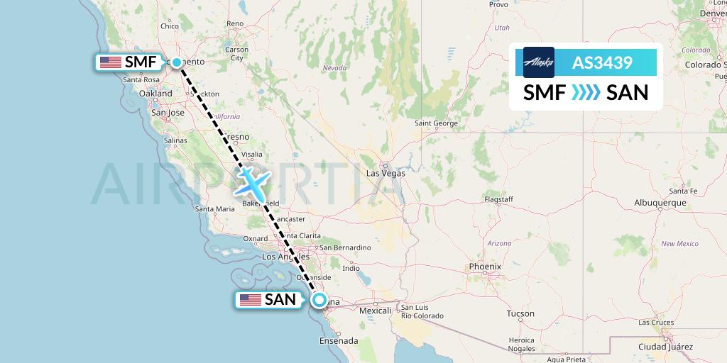 AS3439 Alaska Airlines Flight Map: Sacramento to San Diego