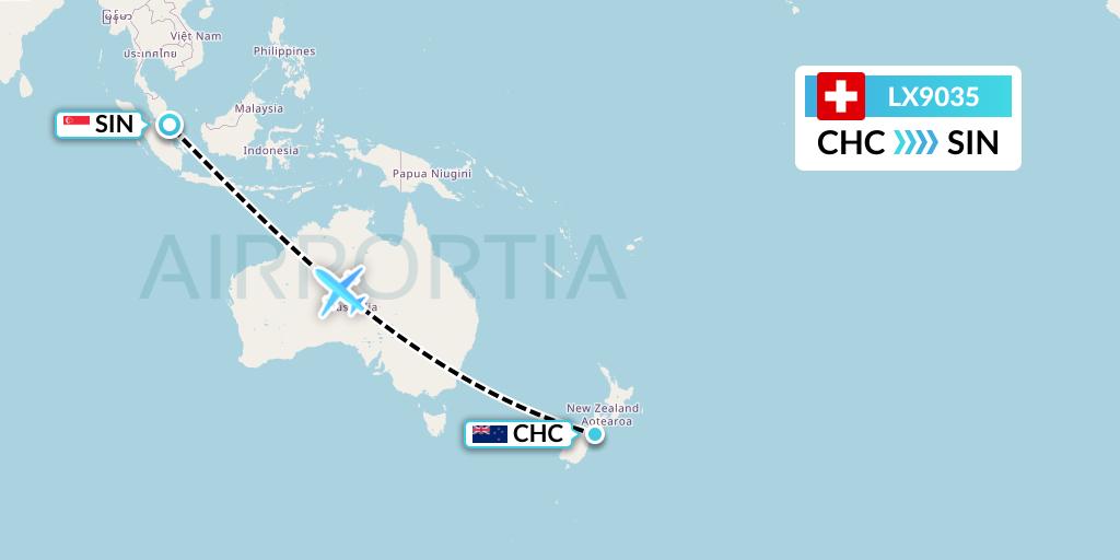 LX9035 Swiss Flight Map: Christchurch to Singapore