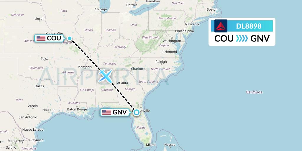 DL8898 Delta Air Lines Flight Map: Columbia to Gainesville