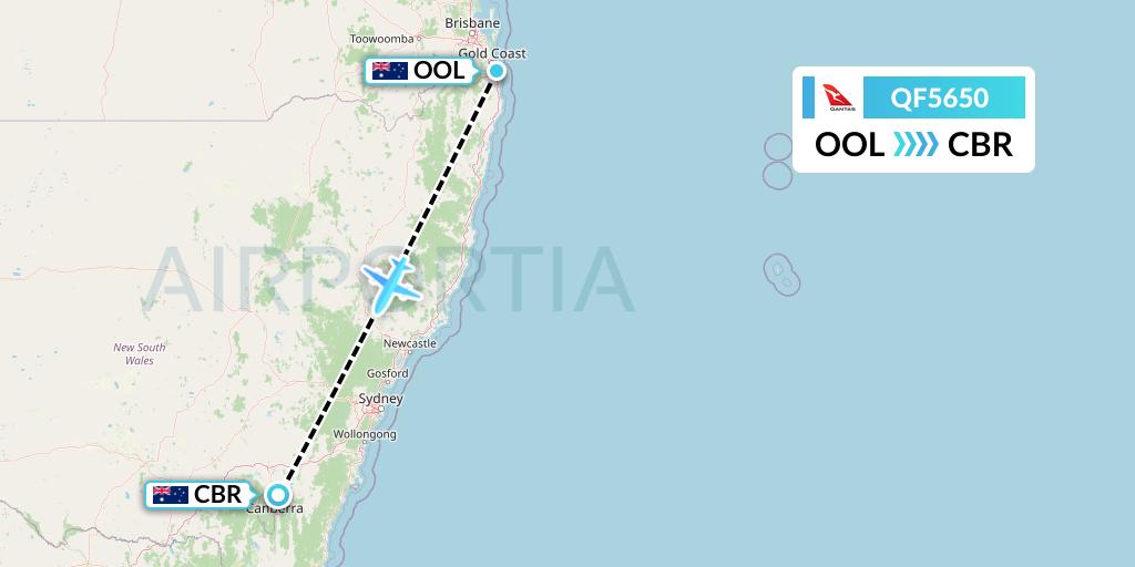 QF5650 Qantas Flight Map: Gold Coast to Canberra