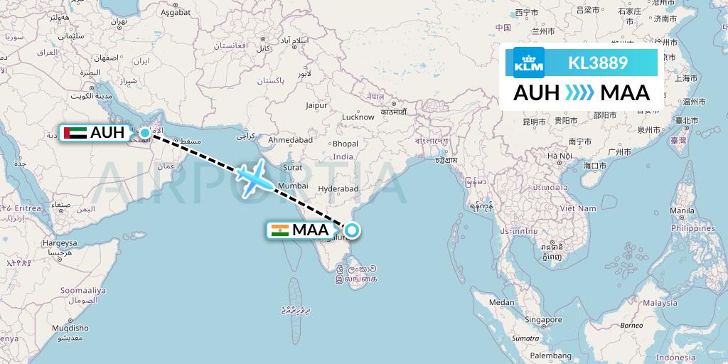 KL3889 KLM Flight Map: Abu Dhabi to Chennai
