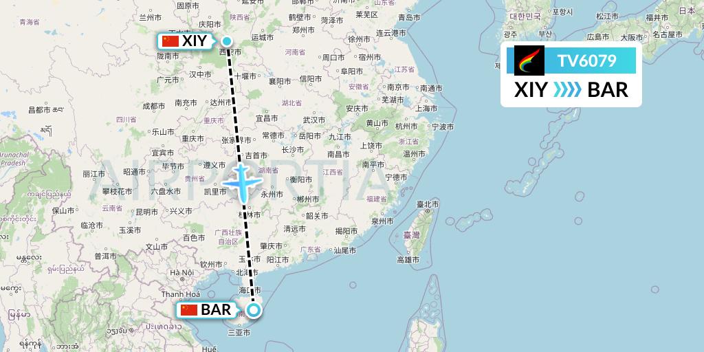 TV6079 Tibet Airlines Flight Map: Xi'an to Qionghai