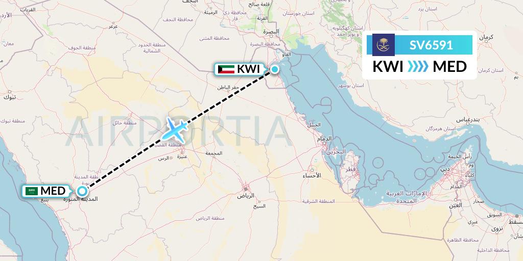 SV6591 Saudi Arabian Airlines Flight Map: Kuwait City to Medina