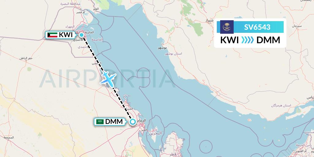SV6543 Saudi Arabian Airlines Flight Map: Kuwait City to Dammam