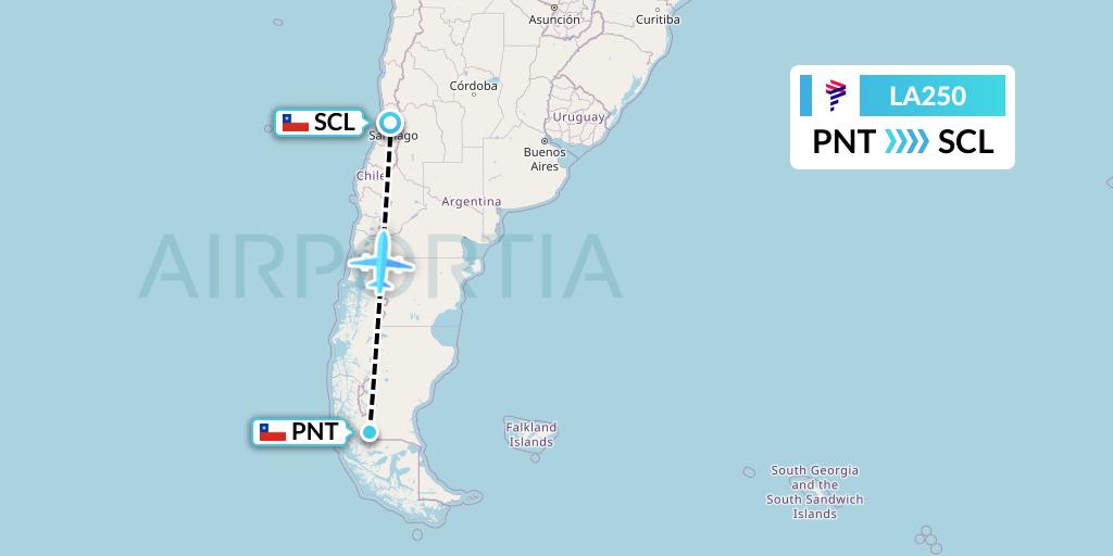 LA250 LAN Airlines Flight Map: Puerto Natales to Santiago