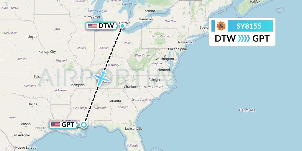 SY8155 Sun Country Airlines Flight Map: Detroit to Gulfport