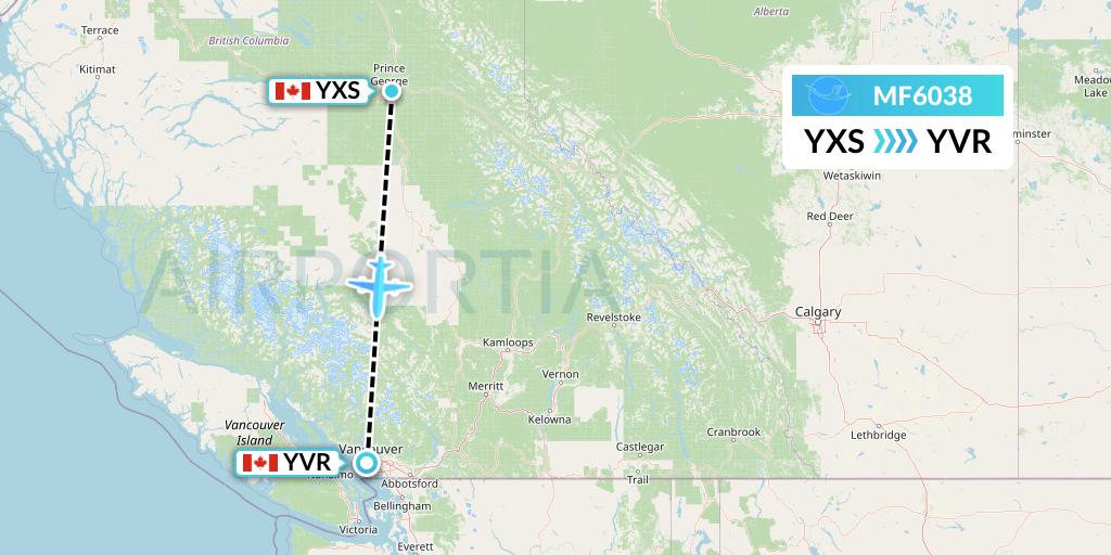 MF6038 Xiamen Airlines Flight Map: Prince George to Vancouver