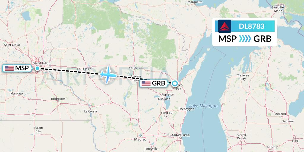 DL8783 Delta Air Lines Flight Map: Minneapolis to Green Bay
