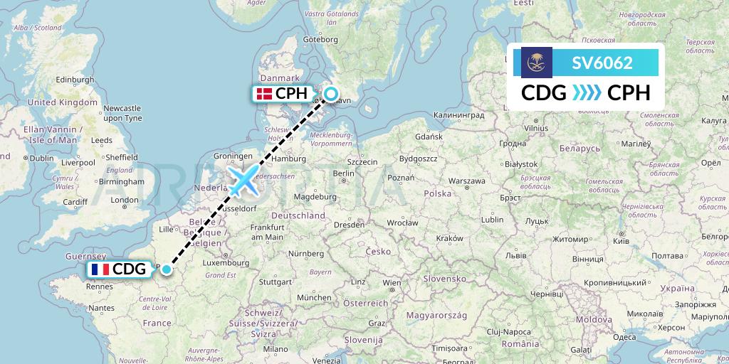 SV6062 Saudi Arabian Airlines Flight Map: Paris to Copenhagen