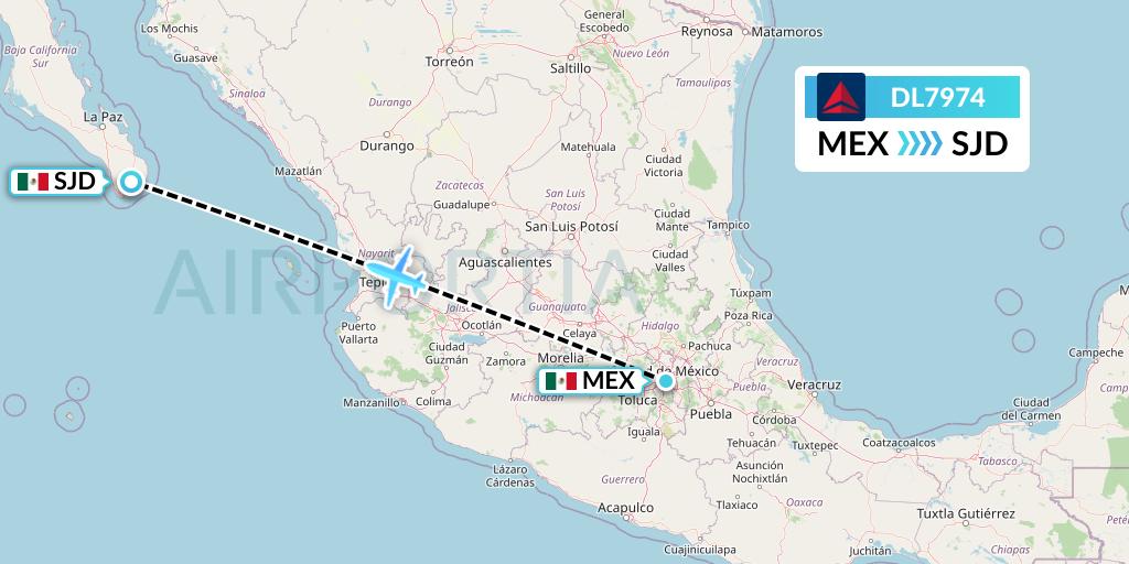 DL7974 Delta Air Lines Flight Map: Mexico City to San Jose del Cabo