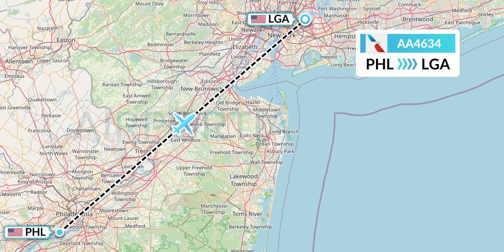 AA4634 American Airlines Flight Map: Philadelphia to New York