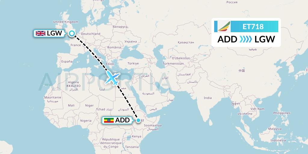 ET718 Ethiopian Airlines Flight Map: Addis Ababa to London