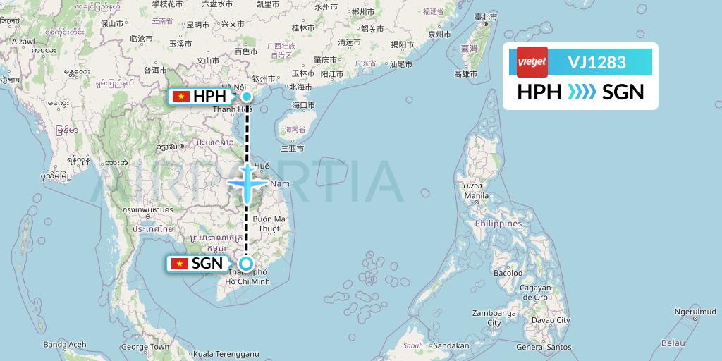 VJ1283 VietJet Air Flight Map: Haiphong to Ho Chi Minh City