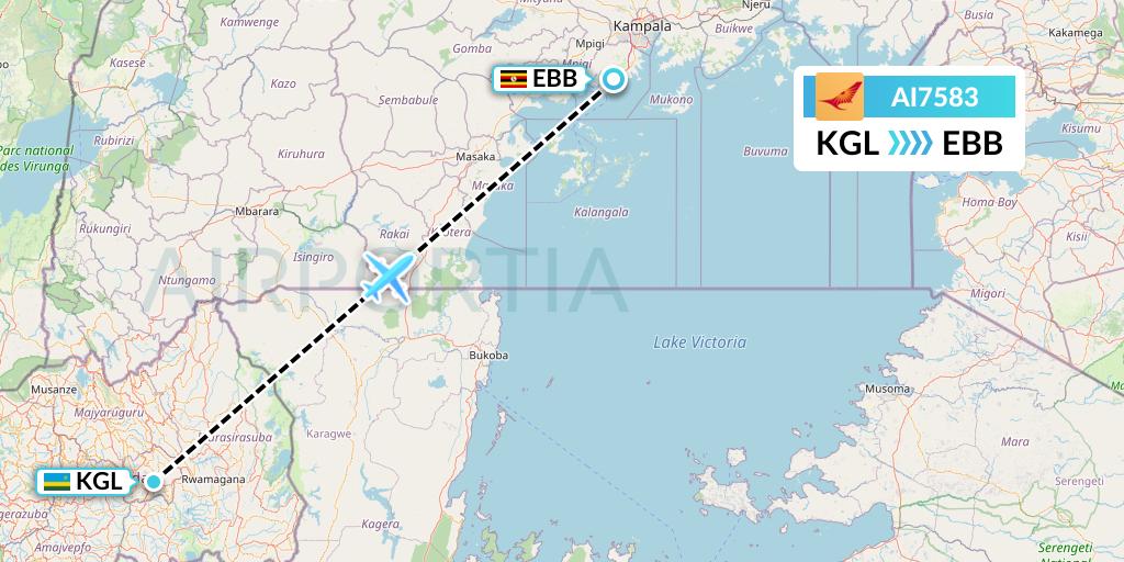 AI7583 Air India Flight Map: Kigali to Entebbe