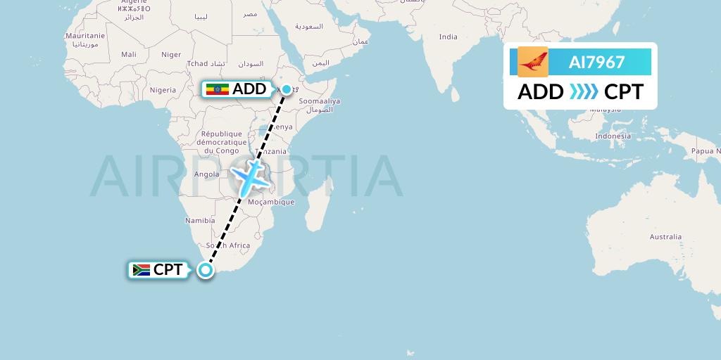 AI7967 Air India Flight Map: Addis Ababa to Cape Town