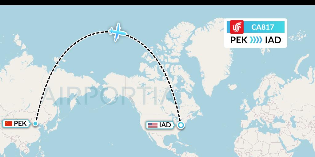 CA817 Air China Flight Map: Beijing to Washington