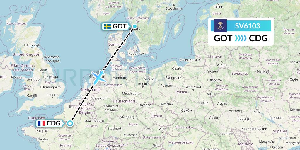 SV6103 Saudi Arabian Airlines Flight Map: Gothenburg to Paris