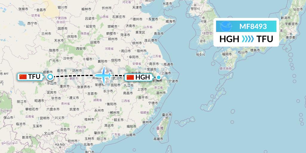 MF8493 Xiamen Airlines Flight Map: Hangzhou to Chengdu