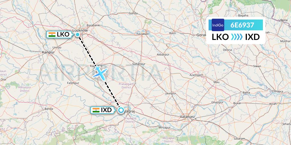 6E6937 IndiGo Airlines Flight Map: Lucknow to Allahabad