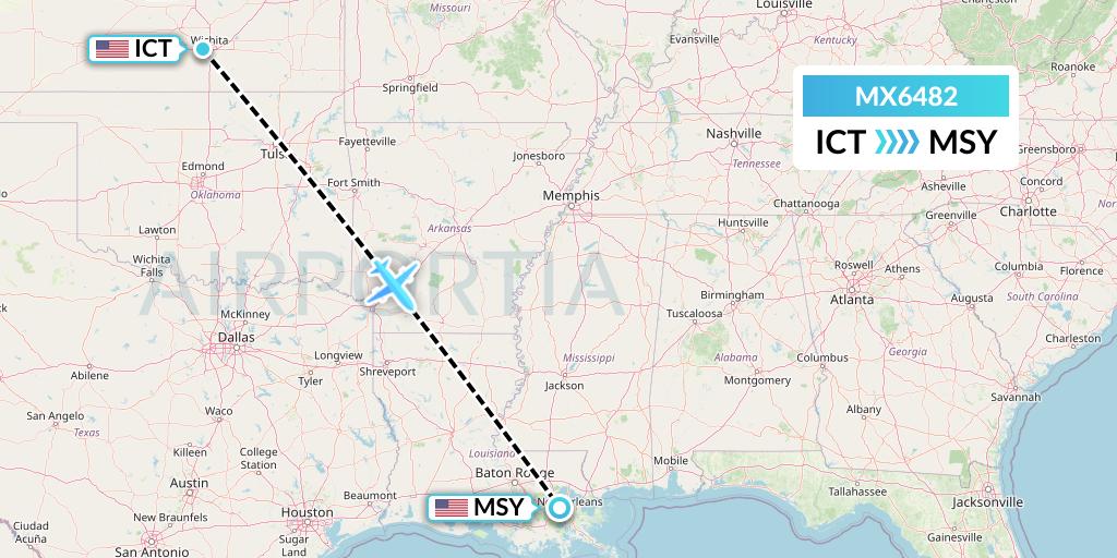 MX6482 Breeze Airways Flight Map: Wichita to New Orleans