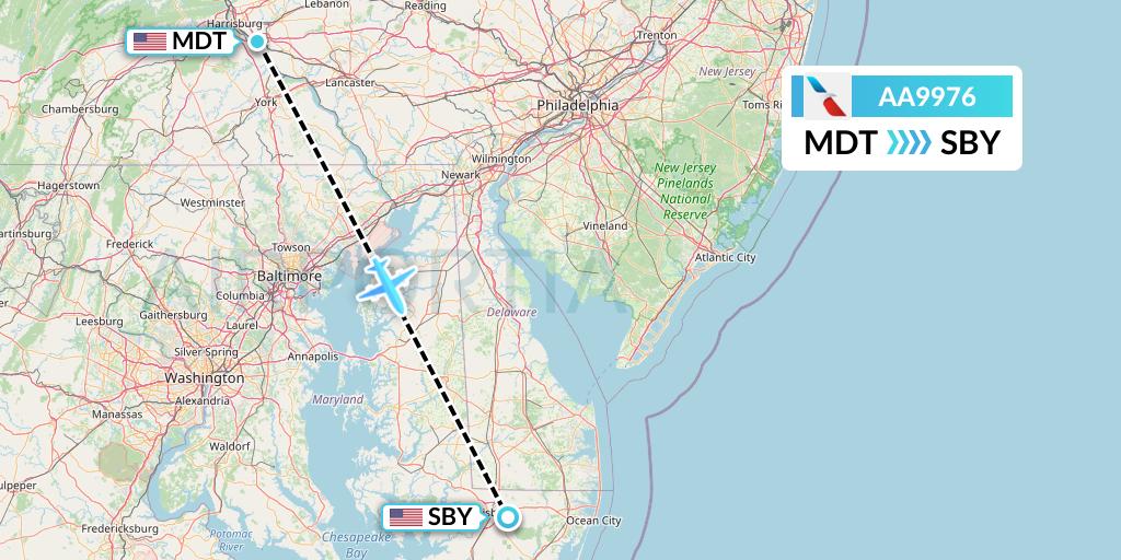AA9976 American Airlines Flight Map: Harrisburg to Salisbury