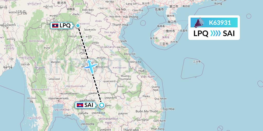 K63931 Cambodia Angkor Air Flight Map: Luang Prabang to Siem Reap