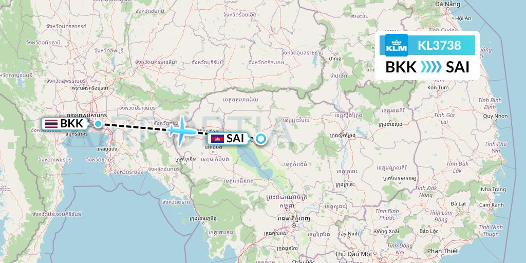 KL3738 KLM Flight Map: Bangkok to Siem Reap