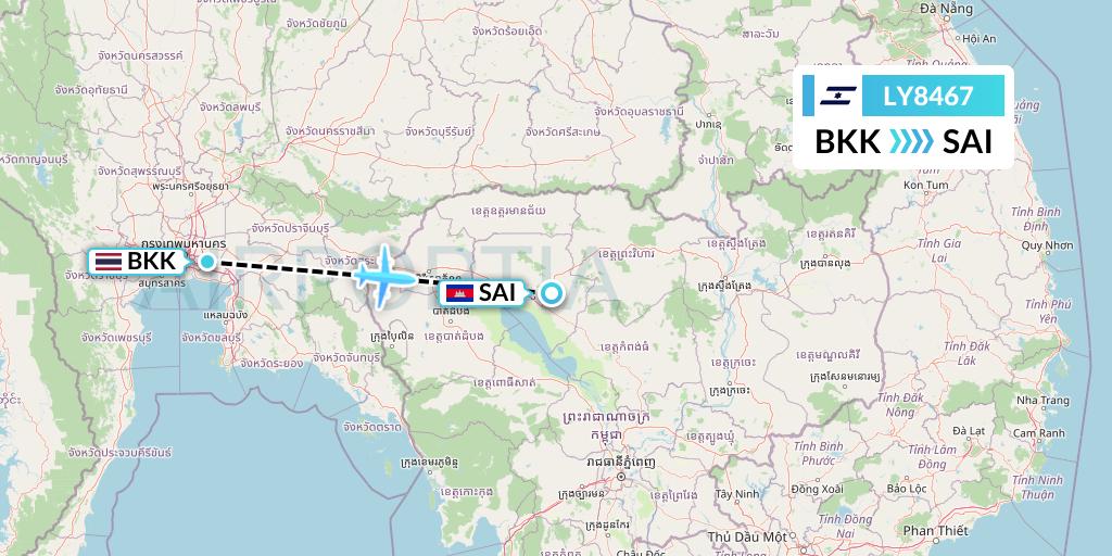LY8467 El Al Flight Map: Bangkok to Siem Reap