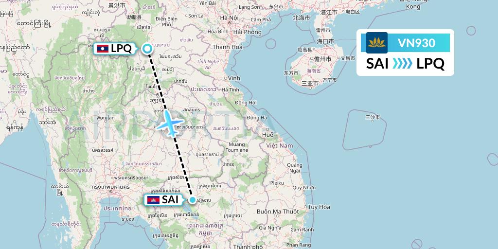 VN930 Vietnam Airlines Flight Map: Siem Reap to Luang Prabang