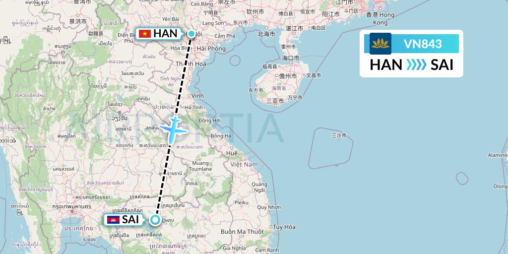 VN843 Vietnam Airlines Flight Map: Hanoi to Siem Reap