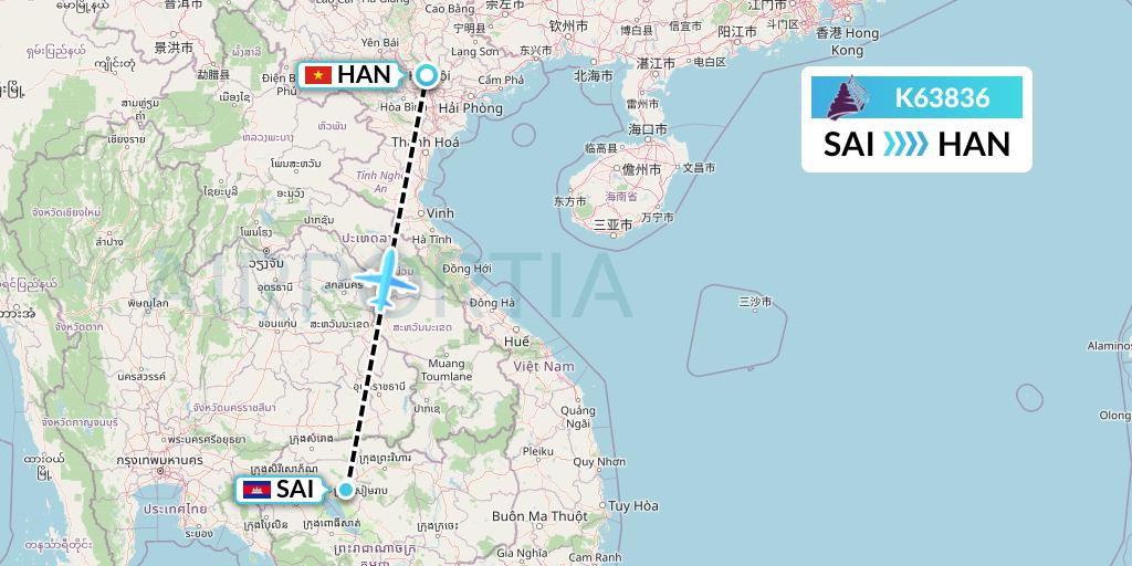 K63836 Cambodia Angkor Air Flight Map: Siem Reap to Hanoi