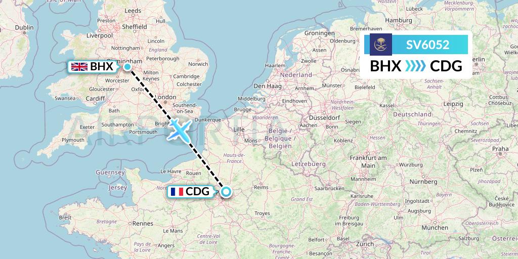 SV6052 Saudi Arabian Airlines Flight Map: Birmingham to Paris