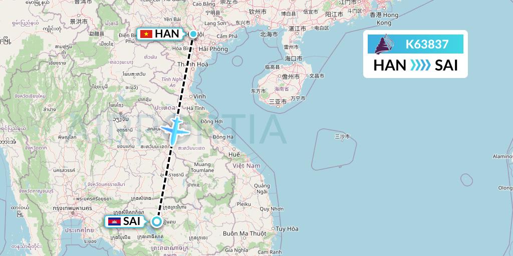 K63837 Cambodia Angkor Air Flight Map: Hanoi to Siem Reap