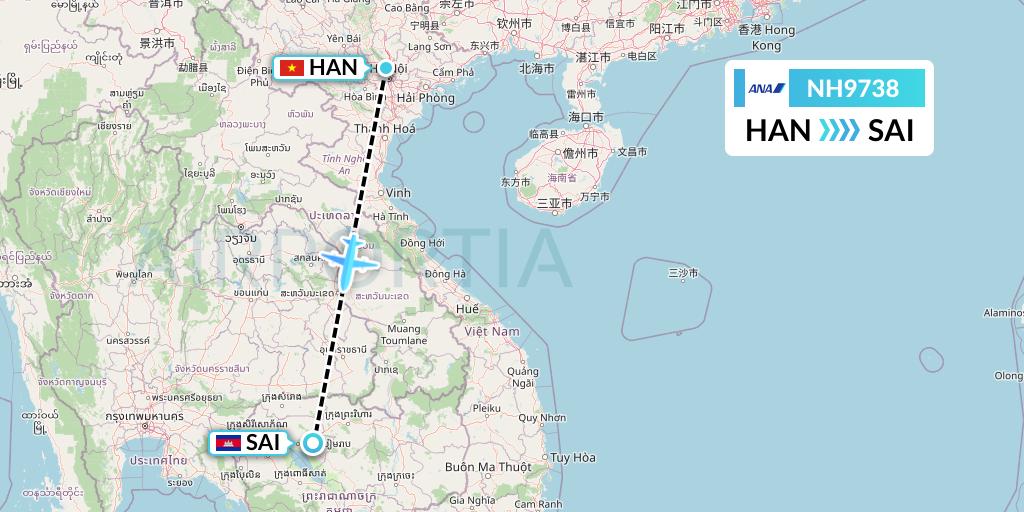 NH9738 All Nippon Airways Flight Map: Hanoi to Siem Reap