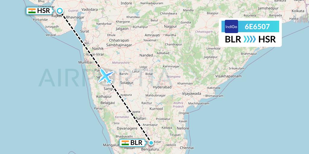 6E6507 IndiGo Airlines Flight Map: Bangalore to Rajkot