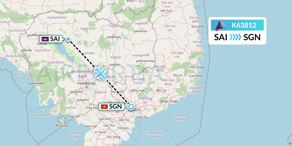 K63812 Cambodia Angkor Air Flight Map: Siem Reap to Ho Chi Minh City