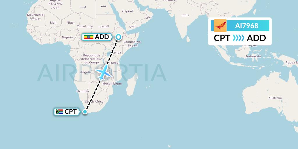 AI7968 Air India Flight Map: Cape Town to Addis Ababa