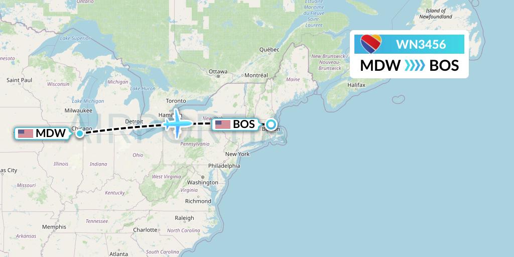 WN3456 Southwest Airlines Flight Map: Chicago to Boston