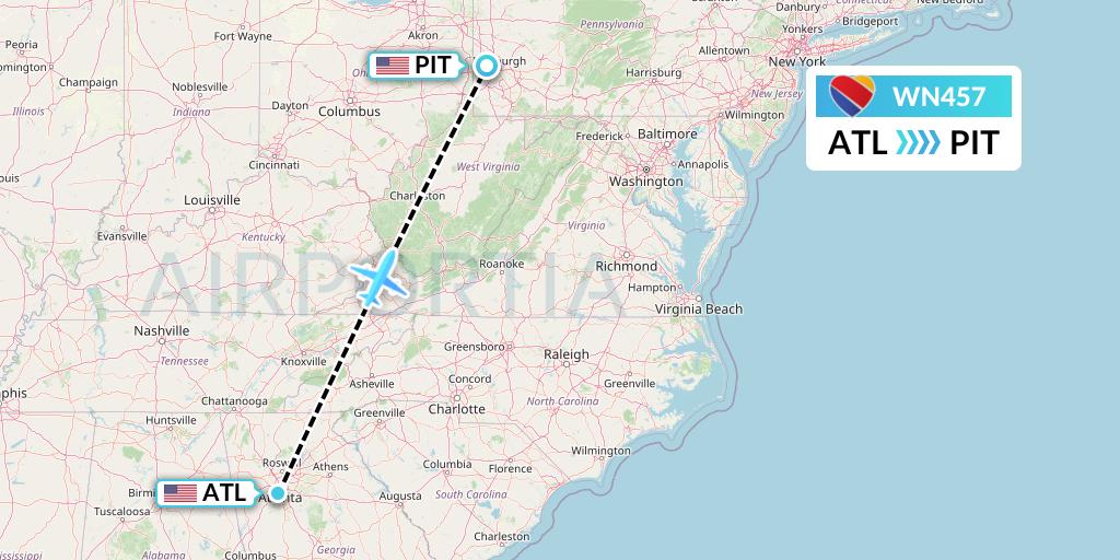 WN457 Southwest Airlines Flight Map: Atlanta to Pittsburgh