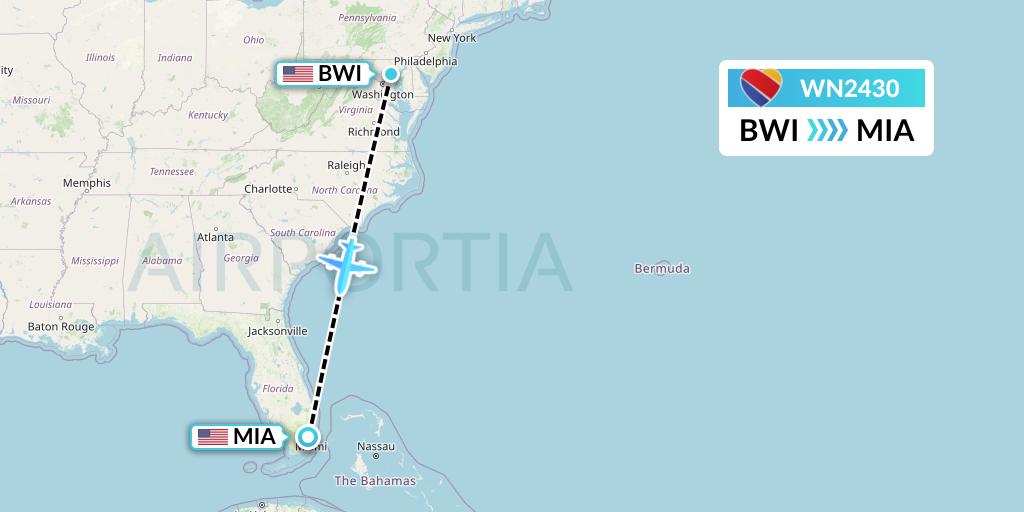 WN2430 Southwest Airlines Flight Map: Baltimore to Miami