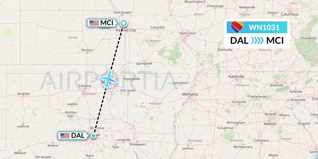 WN1031 Southwest Airlines Flight Map: Dallas to Kansas City