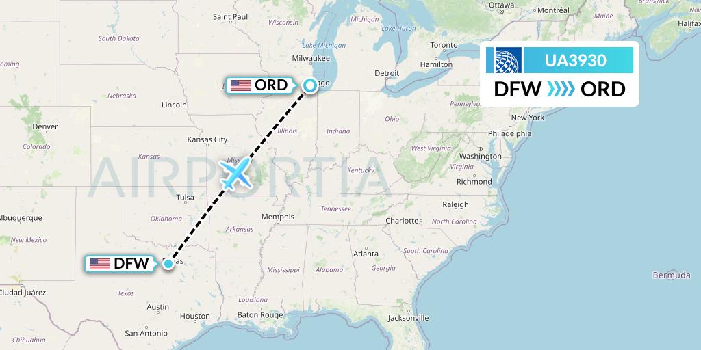 UA3930 United Airlines Flight Map: Dallas to Chicago