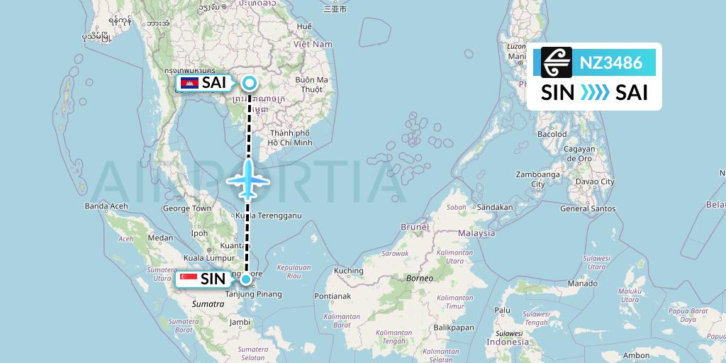 NZ3486 Air New Zealand Flight Map: Singapore to Siem Reap