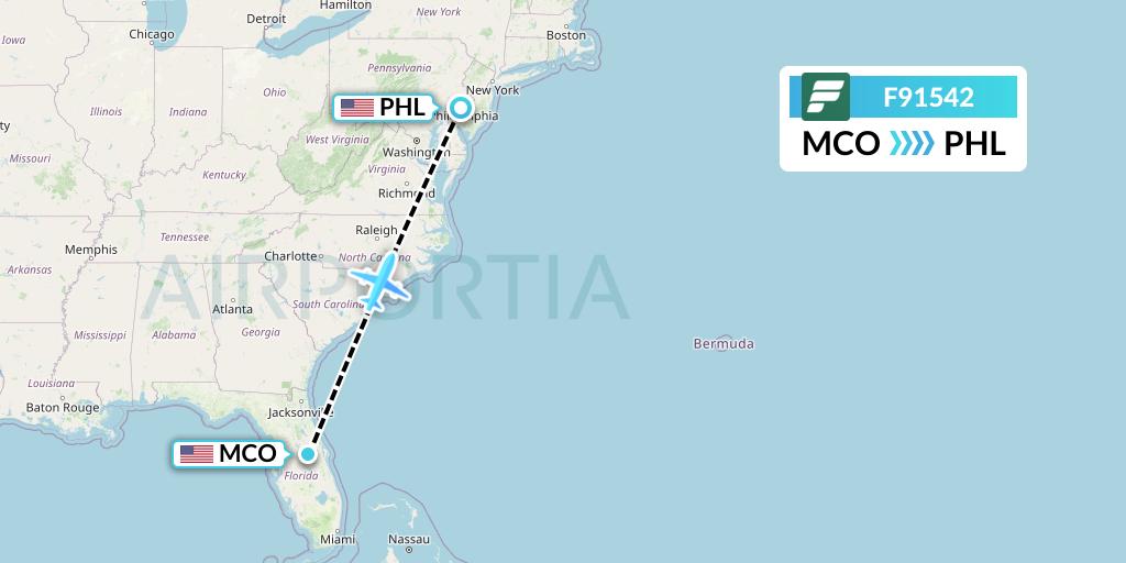F91542 Frontier Airlines Flight Map: Orlando to Philadelphia
