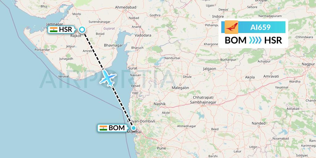 AI659 Air India Flight Map: Mumbai to Rajkot