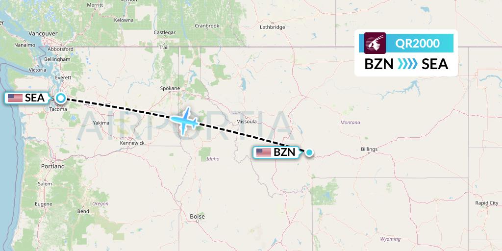 QR2000 Qatar Airways Flight Map: Bozeman to Seattle