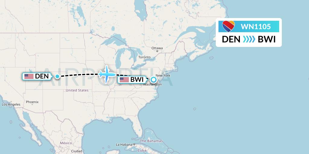 WN1105 Southwest Airlines Flight Map: Denver to Baltimore