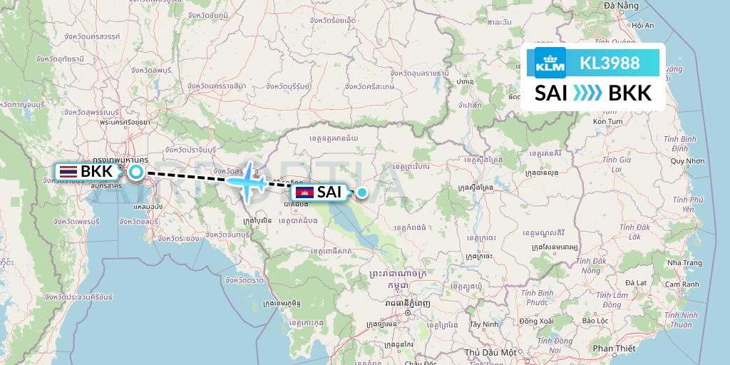 KL3988 KLM Flight Map: Siem Reap to Bangkok