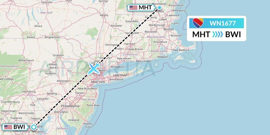 WN1677 Southwest Airlines Flight Map: Manchester to Baltimore